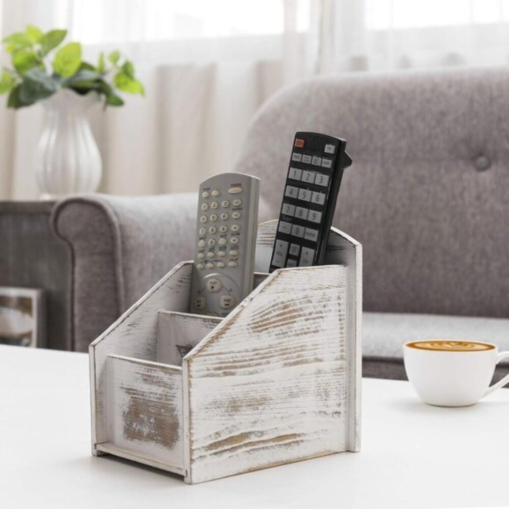 New Whitewashed Wood Remote Control Holder Caddy with 3-Compartment for Storage